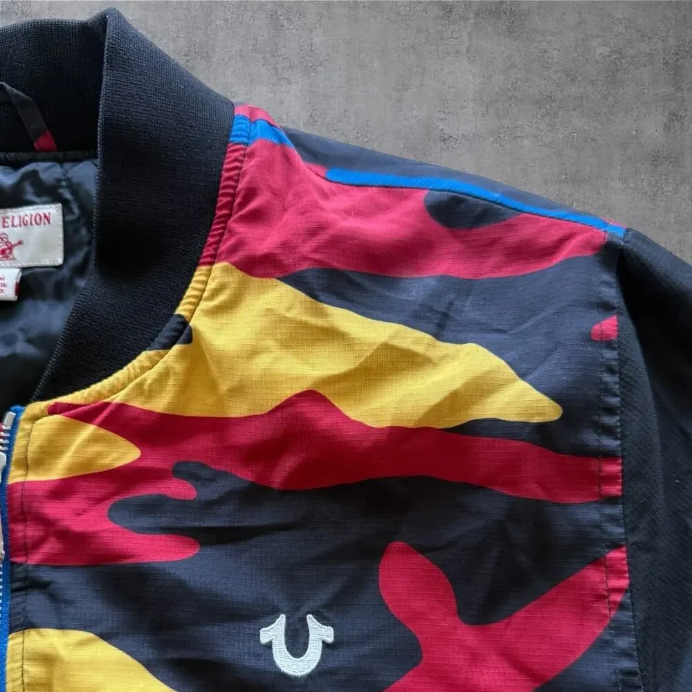 True Religion Camo Block Bomber Jacket Mens M Multicolor Primary Color Quilted